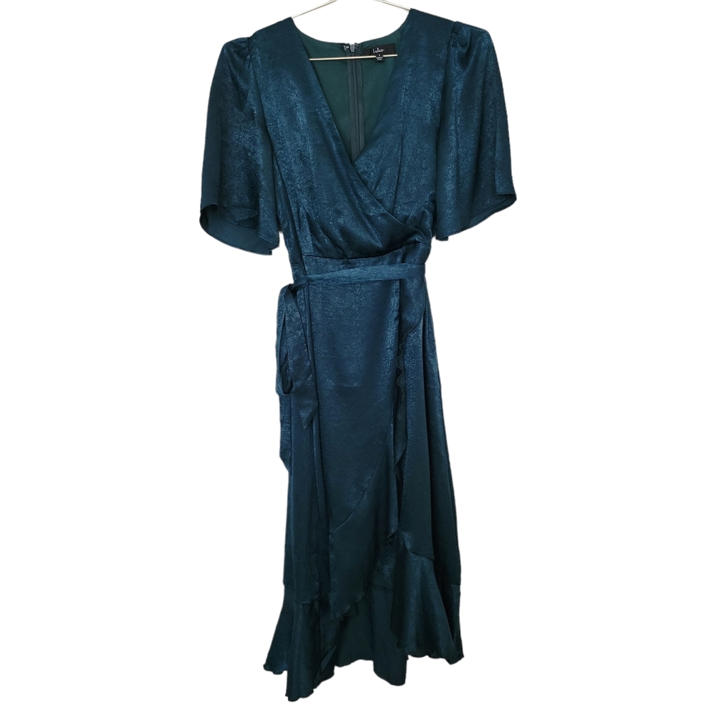 Lulus Wrapped Up In Love Dark Green Satin Faux-Wrap Midi Dress Sz S - Picture 2 of 12